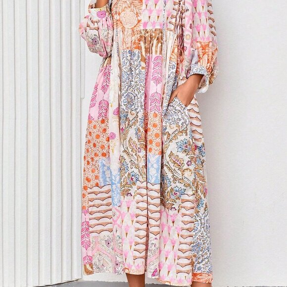 Multicolor Bohemian  Women's Lantern Sleeve V Neck Tie Pockets Maxi Dress - Picture 4 of 5